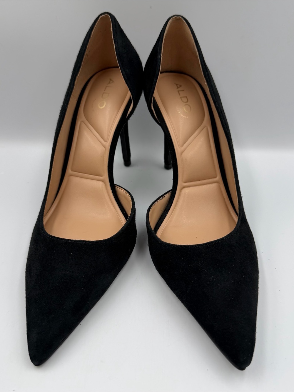 Aldo Chelsey Black Suede Pump Womens 7 Cushioned Pointed Toe Cutout Stiletto